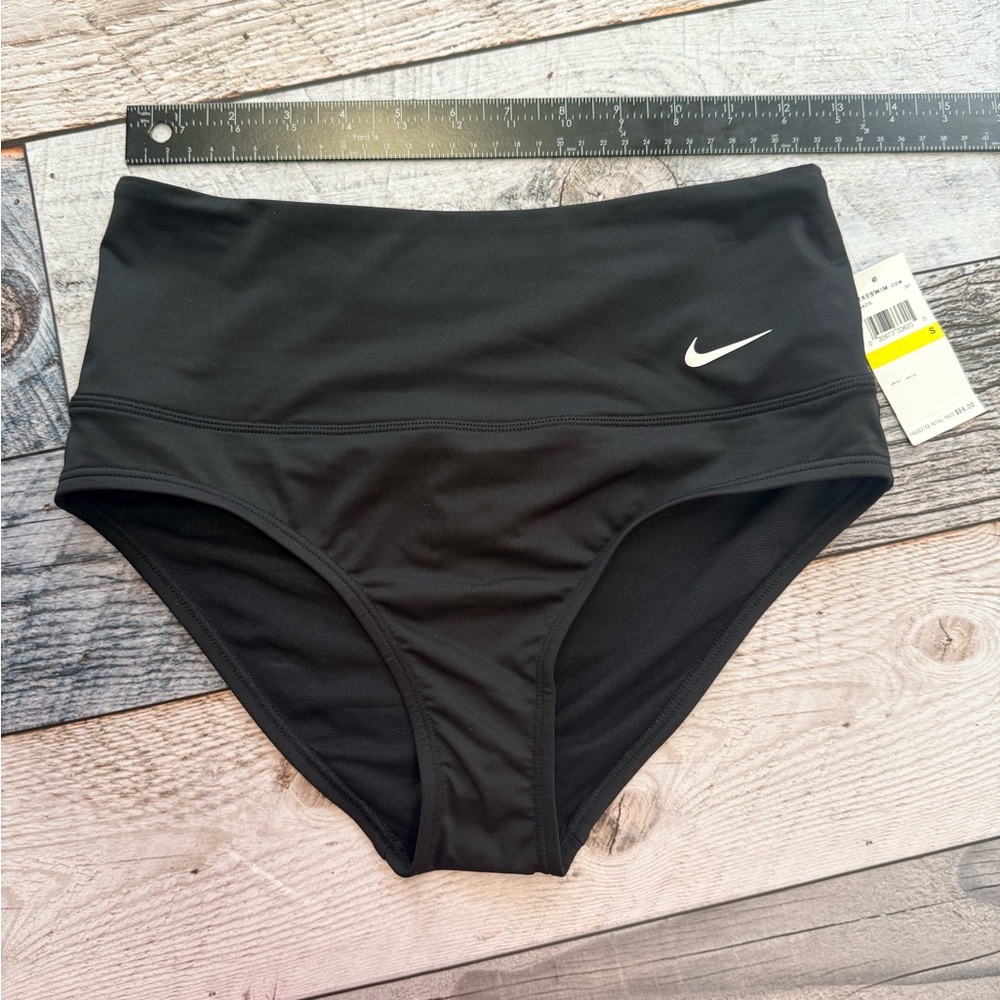 Nike Black High Waisted Bikini Bottom Small Athletic Swimwear Swoosh sporty boho - Picture 3 of 10